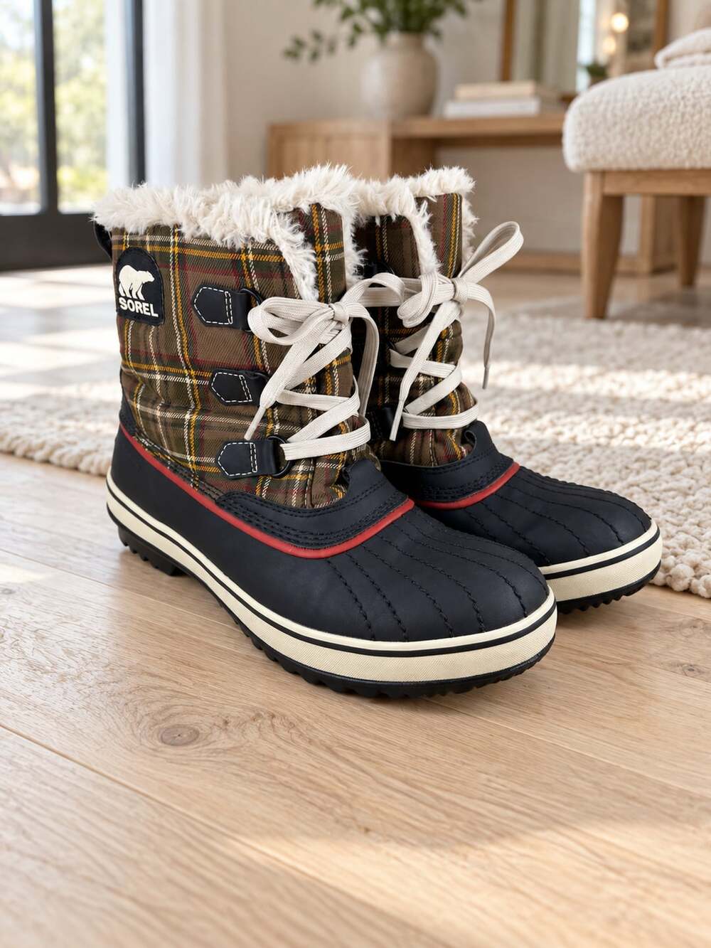 Sorel Tivoli Plaid Waterproof Snow Boots Brown Black Fur Lined Women’s 8.5